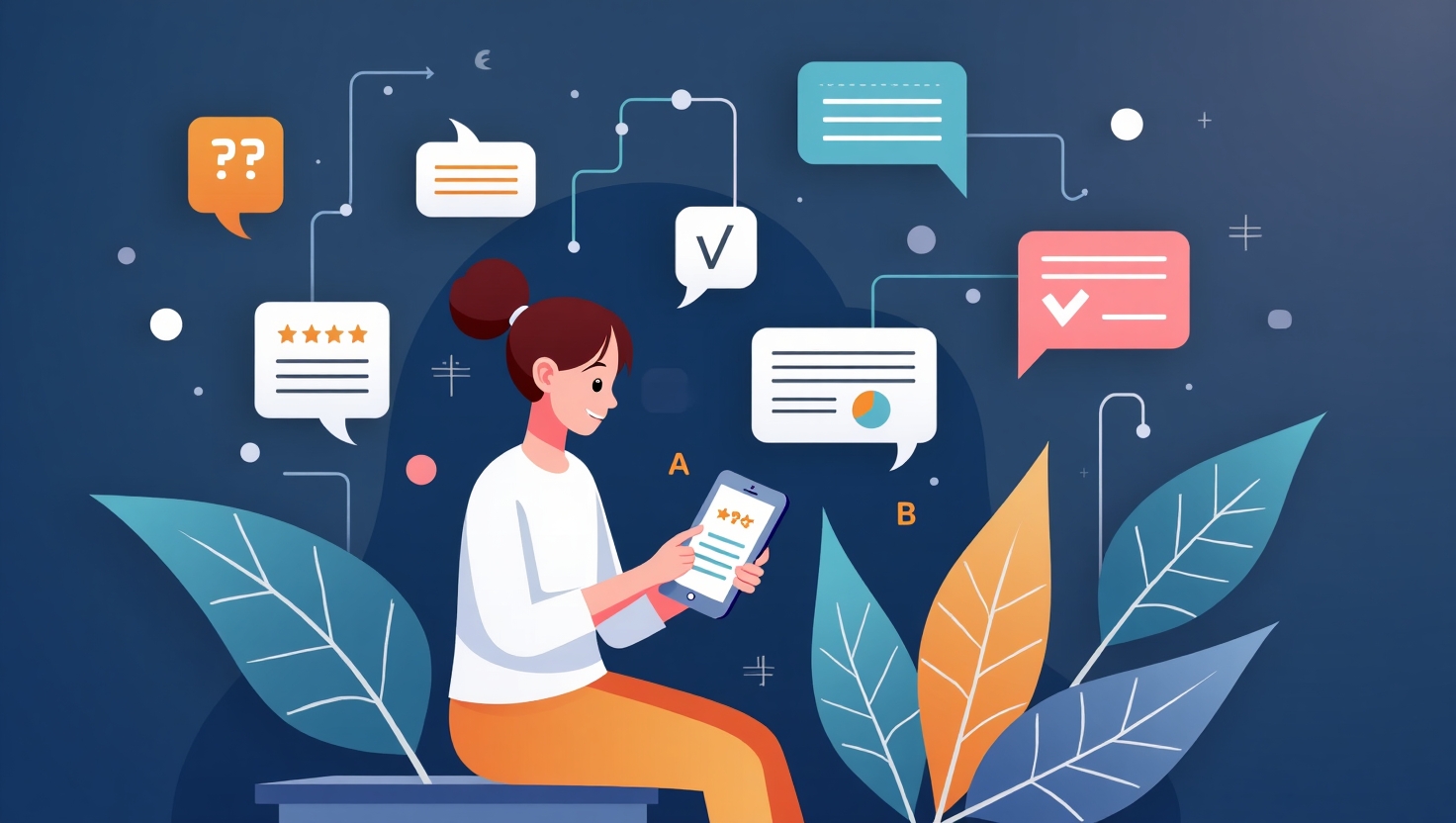 L’essor fulgurant des vidéos interactives en 2025 : immersion et engagement maximal Illustration moderne en style semi-réaliste mettant en scène une personne utilisant un smartphone ou une tablette avec des éléments interactifs flottant autour, tels que des quiz, des dialogues, des options de vote et des embranchements, symbolisant l'engagement maximal à travers des contenus immersifs en 2025, ambiance dynamique et innovante, palette de couleurs inspirée de ReelsForger (#54387D, #3E408D, #3C579D, #47C0B4, #58A17B, #80D07E, #A5DA6F, #E1A65F, #EFCA5E, #EBE263), style illustration contemporaine avec touches numériques, format carré.