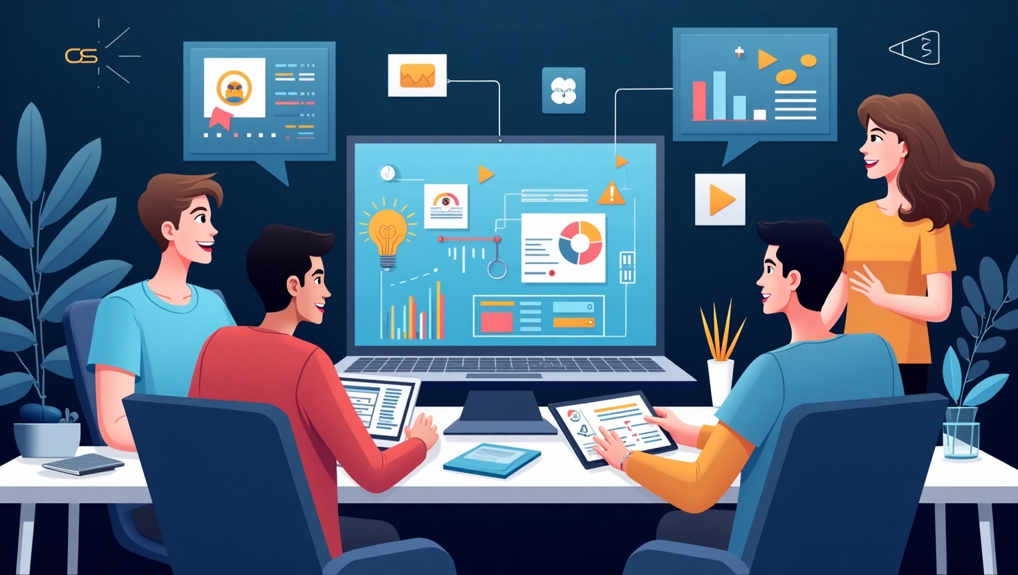 YouTube lance «Collaborative Live Editing» : l’édition vidéo à plusieurs en temps réel débarque Illustration moderne et dynamique d'une équipe de créateurs vidéo collaborant en temps réel sur un ordinateur ou une tablette, avec des claviers, écrans et éléments de montage, dans un environnement high-tech et professionnel. L'ambiance doit évoquer l'innovation, la coopération à distance et la créativité en action. Style réaliste ou semi-réaliste avec une palette de couleurs inspirée de la marque, comprenant les teintes #54387D, #3E408D, #3C579D, #47C0B4, #58A17B, #80D07E, #A5DA6F, #E1A65F, #EFCA5E, #EBE263, pour renforcer le côté technologique et innovant, format carré.