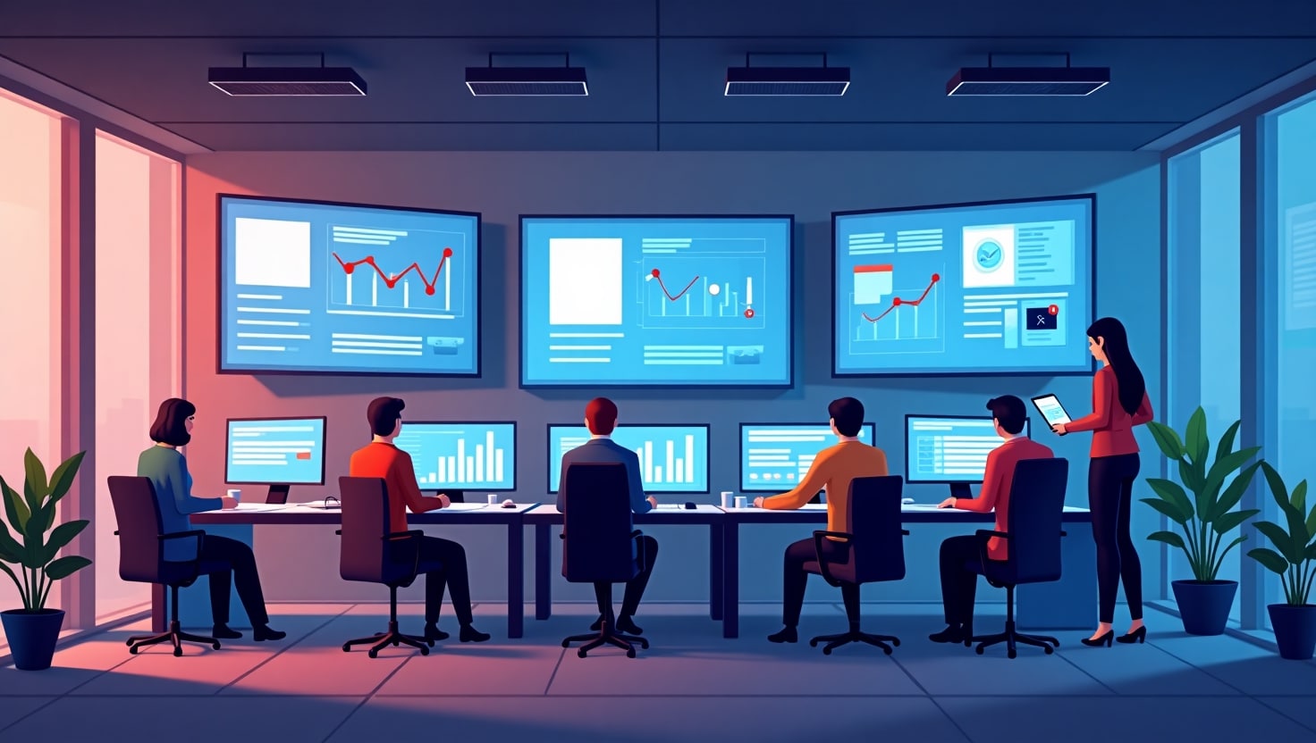 Illustration moderne et dynamique d’une scène représentant une salle de contrôle ou un centre de gestion de campagnes publicitaires digitales, avec des écrans affichant des graphiques d’engagement, des icônes de clics, de commentaires et de durées de visionnage, intégrée dans un style flat design professionnel, ambiance technologique innovante, couleurs vives inspirées de la palette (#54387D, #3E408D, #3C579D, #47C0B4, #58A17B, #80D07E, #A5DA6F, #E1A65F, #EFCA5E, #EBE263), format carré.