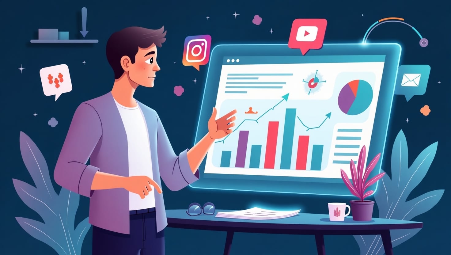 Comment exploiter les micro-cycles viraux pour booster la portée de vos vidéos IA en 2025 Illustration moderne et dynamique représentant un créateur de contenu analysant un tableau de tendances virales et de statistiques sur un écran holographique, entouré de symboles de TikTok, Instagram et YouTube, avec des flèches indiquant la rapidité et la réactivité, ambiance inspirante et technologique, style digital flat design avec une palette de couleurs inspirée de ReelsForger (#54387D, #3E408D, #3C579D, #47C0B4, #58A17B, #80D07E, #A5DA6F, #E1A65F, #EFCA5E, #EBE263), format carré.