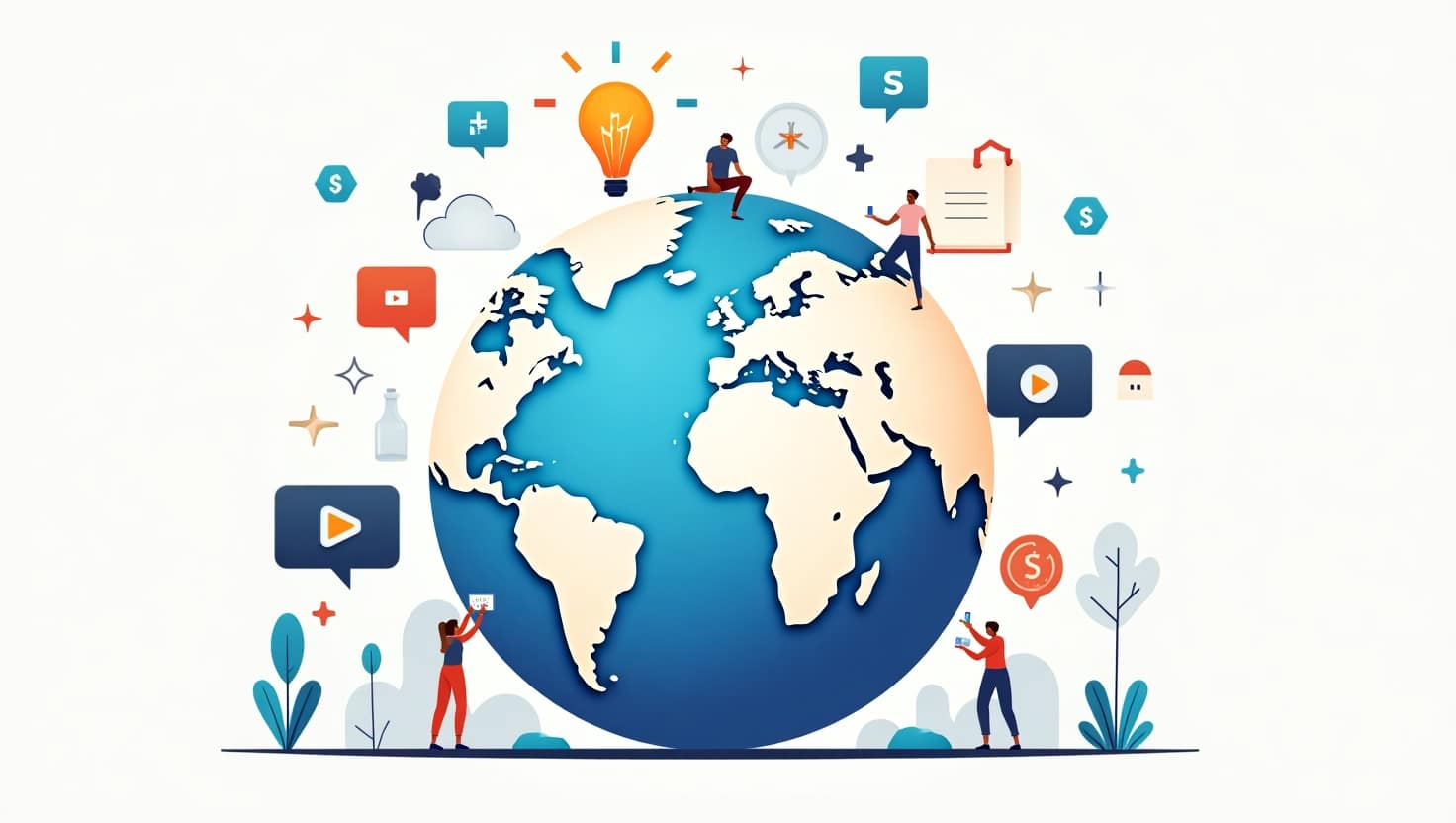 Illustration moderne et dynamique représentant un globe terrestre entouré d'icônes de vidéos courtes, de signes de monétisation et de croissance, avec des éléments visuels symbolisant la diversité mondiale et l'innovation, style digital et abstrait, ambiance optimiste et en évolution, utilisant une palette de couleurs inspirée de la marque : #54387D, #3E408D, #3C579D, #47C0B4, #58A17B, #80D07E, #A5DA6F, #E1A65F, #EFCA5E, #EBE263, au format paysage.
