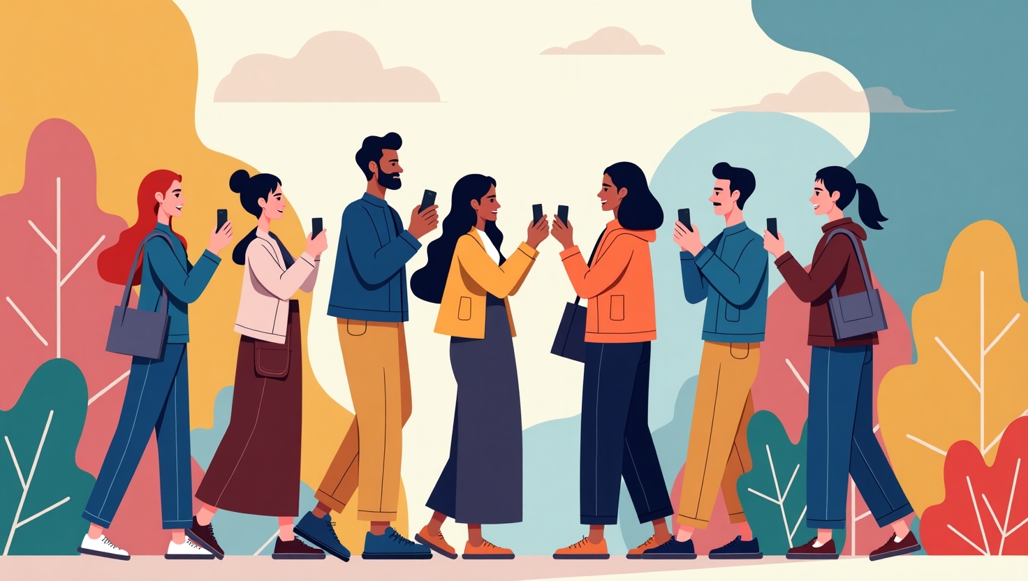 L’ascension des micro-influenceurs vidéo en 2025 : pourquoi ils redéfinissent l’engagement digital Illustration moderne et dynamique représentant un groupe diversifié de micro-influenceurs en pleine création vidéo verticale, avec des appareils mobiles en mains, capturant des moments authentiques et spontanés dans un environnement urbain ou créatif. L’ambiance doit évoquer authenticité, proximité et engagement élevé, avec des couleurs vibrantes inspirées de la palette #54387D, #3E408D, #3C579D, #47C0B4, #58A17B, #80D07E, #A5DA6F, #E1A65F, #EFCA5E, #EBE263. Style illustration moderne, flat design ou numérique, portrait ou carré selon besoin, pour refléter la montée en puissance des créateurs vidéo en 2025 et leur relation proche avec leur audience.