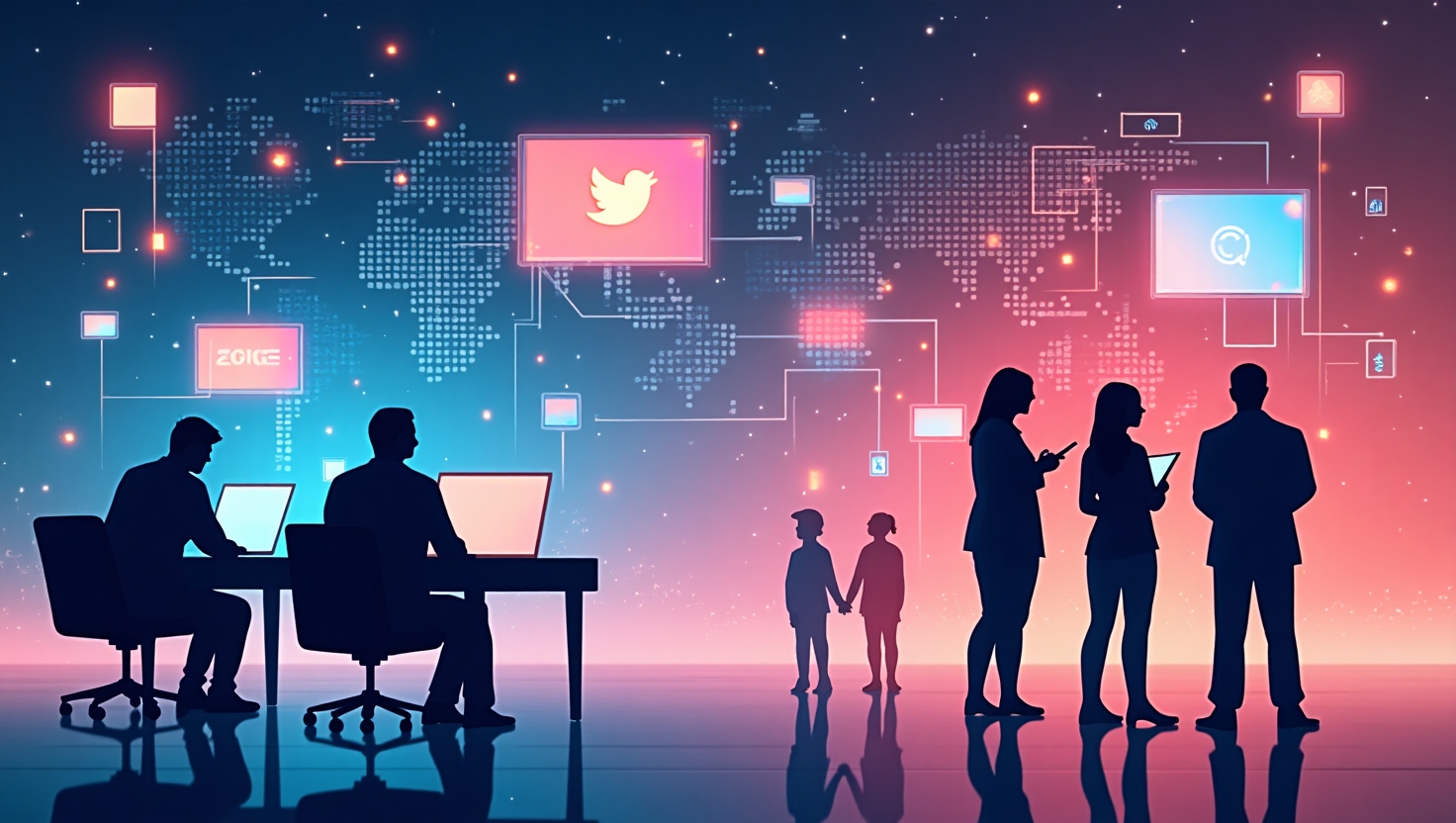 Illustration moderne et futuriste en style digital art représentant un groupe de créateurs virtuels et avatars IA évoluant dans un univers global connecté, avec des éléments graphiques évoquant l'innovation, la narration et la viralité vidéo. Intégrer des silhouettes numériques stylisées, des écrans flottants affichant des contenus vidéo, entourés de symboles d'engagement social comme des cœurs, des vues et des indicateurs de viralité. Utiliser une palette de couleurs inspirée de ReelsForger (#54387D, #3E408D, #3C579D, #47C0B4, #58A17B, #80D07E, #A5DA6F, #E1A65F, #EFCA5E, #EBE263). Style illustratif, épuré, avec une ambiance inspirante et tournée vers l'avenir, en format carré pour une communication moderne et engageante.