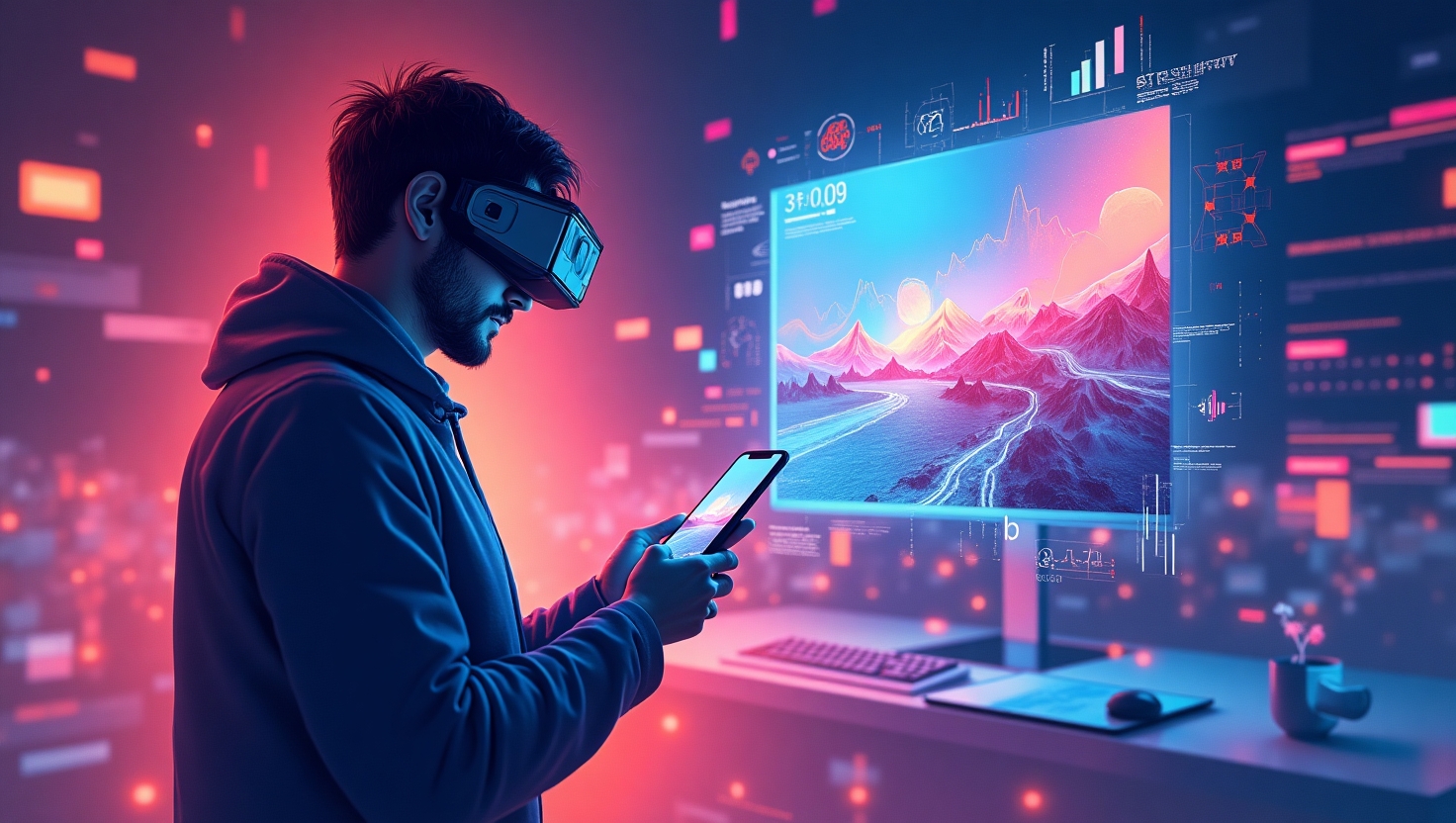 YouTube Dream Screen : l’IA qui révolutionne les arrière-plans de vos Shorts Illustration moderne et immersive en style digital art d’un créateur de contenu devant un smartphone, entouré d’un fond dynamique et coloré généré par intelligence artificielle, avec des effets visuels évoquant des paysages numériques, des graphiques en mouvement et des éléments futuristes, ambiance innovante et inspirante, palette de couleurs inspirée de ReelsForger (#54387D, #3E408D, #3C579D, #47C0B4, #58A17B, #80D07E, #A5DA6F, #E1A65F, #EFCA5E, #EBE263), en format carré avec un style digital moderne et futuriste.