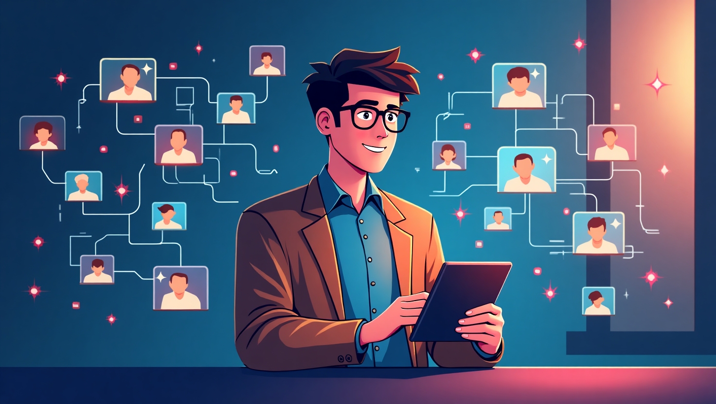 Hyper-personnalisation vidéo : la tendance qui transforme l’engagement en 2025 Illustration moderne et inspirante en style digital art représentant un créateur ou un marketeur utilisant une tablette ou un smartphone, entouré de flux de données et de profils d’audience s’adaptant dynamiquement à différents contenus vidéo, avec des éléments visuels symbolisant l’intelligence artificielle et la personnalisation, dans une ambiance innovante et professionnelle, palette ReelsForger (#54387D, #3E408D, #3C579D, #47C0B4, #58A17B, #80D07E, #A5DA6F, #E1A65F, #EFCA5E, #EBE263), format paysage.