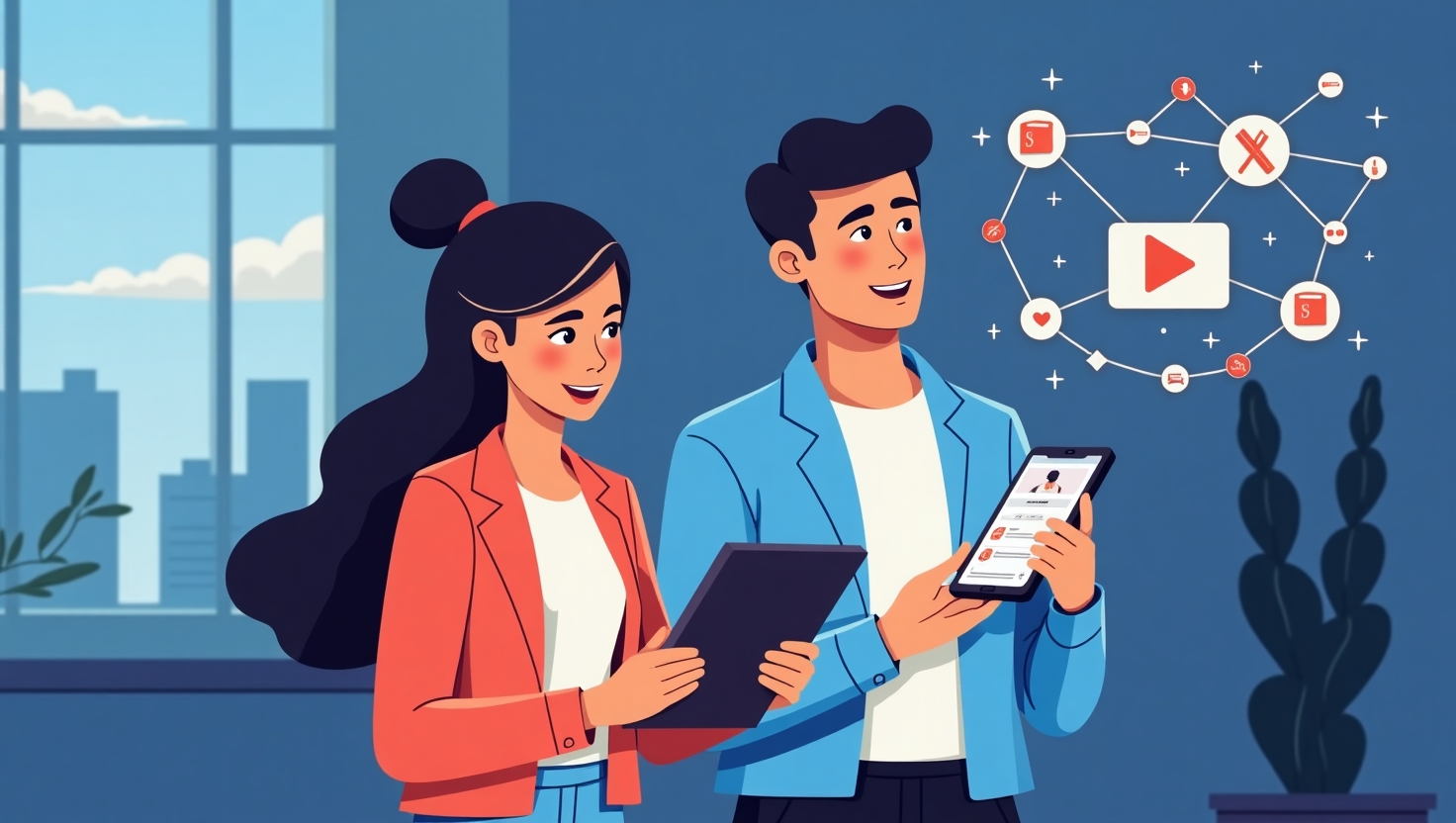 Vidéos shoppables IA : comment exploser vos conversions en 2025 Illustration moderne et professionnelle d'une scène dynamique où une femme et un homme regardent une vidéo sur une tablette ou un smartphone, avec des éléments interactifs cliquables flottant dans l'image, symbolisant des produits en ligne. L'ambiance doit refléter l'innovation avec une touche technologique, utilisant une palette de couleurs inspirée de ReelsForger (#54387D, #3E408D, #3C579D, #47C0B4, #58A17B, #80D07E, #A5DA6F, #E1A65F, #EFCA5E, #EBE263), en style illustration digitale épurée, claire, orientée business et futuriste, avec un focus sur la personnalisation et la technologie IA, dans un format carré.