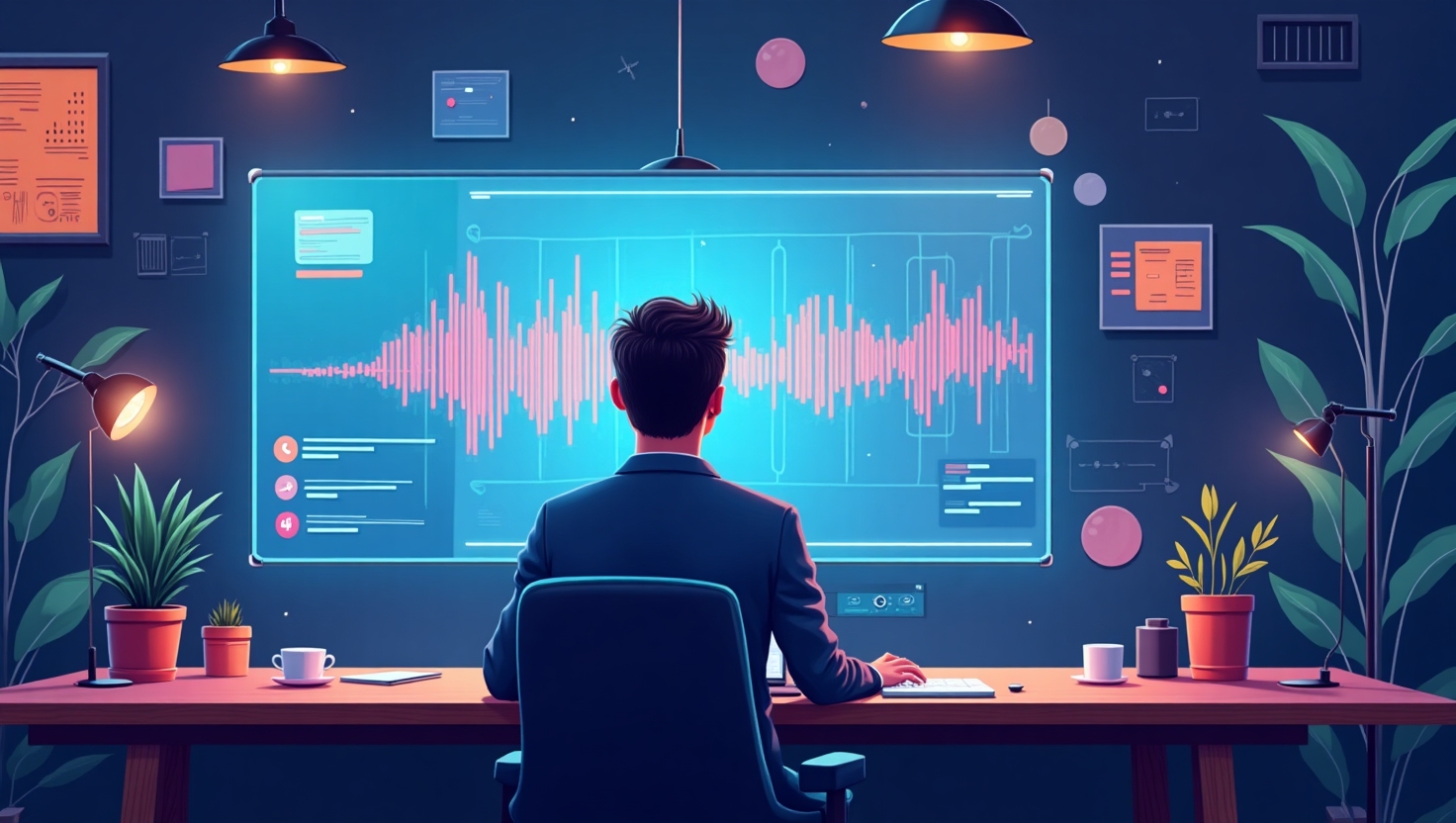 Illustration moderne et professionnelle mettant en scène un créateur de contenu vidéo devant un écran affichant une interface d'intelligence artificielle de synthèse vocale, avec des éléments visuels symbolisant le doublage automatisé, la multilingue, et la personnalisation de voix. La scène doit évoquer la révolution technologique dans la création vidéo, avec une ambiance dynamique, innovante, en utilisant une palette de couleurs inspirée de ReelsForger (#54387D, #3E408D, #3C579D, #47C0B4, #58A17B, #80D07E, #A5DA6F, #E1A65F, #EFCA5E, #EBE263). Style illustration digitale moderne, très détaillée, en cadrage carré pour évoquer l’impact global, avec une touche futuriste et une ambiance innovante.