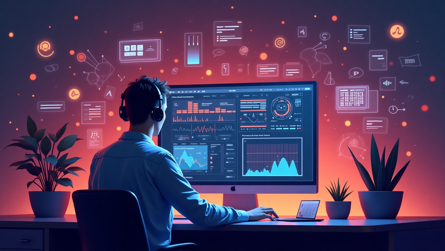 YouTube révolutionne la création sonore avec AI Audio Suite : l’audio professionnel accessible à tous Illustration numérique moderne en style réaliste ou semi-réaliste représentant un créateur vidéo devant un écran d’ordinateur affichant des éléments audio et visuels interactifs, entouré de symboles musicaux, ondes sonores dynamiques, et bulles de texte multilingues, évoquant une toute nouvelle suite d’outils audio IA intégrés à une plateforme de création. L’ambiance doit être innovante, inspirante et technologique, avec une palette de couleurs inspirée de la marque : #54387D, #3E408D, #3C579D, #47C0B4, #58A17B, #80D07E, #A5DA6F, #E1A65F, #EFCA5E, #EBE263, et un format paysage pour souligner la dimension professionnelle et futuriste de la révolution dans la création sonore.