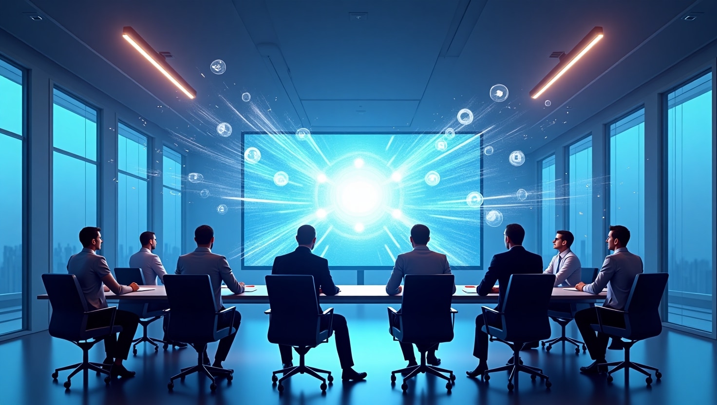 Illustration numérique professionnelle en style réaliste ou semi-réaliste, représentant une salle de réunion moderne avec des professionnels entourant un grand écran affichant des flots de contenu vidéo généré par intelligence artificielle, symbolisant transformation digitale et innovation en entreprise, ambiance dynamique et futuriste, palette de couleurs inspirée de ReelsForger (#54387D, #3E408D, #3C579D, #47C0B4, #58A17B, #80D07E, #A5DA6F, #E1A65F, #EFCA5E, #EBE263).