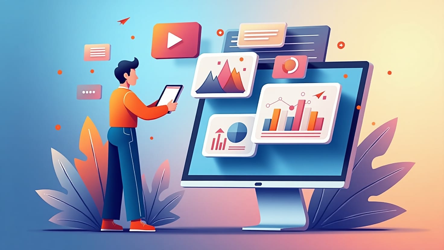 Une illustration moderne de style semi-réaliste ou infographique représentant un créateur ou un marketeur interactif utilisant une tablette ou un ordinateur portable, entouré d’écrans flottants affichant des vidéos avec des options de choix, des quiz et des éléments personnalisés générés par l’IA, dans une ambiance pédagogique et innovante, intégrant des couleurs vives inspirées de la palette (#54387D, #3E408D, #3C579D, #47C0B4, #58A17B, #80D07E, #A5DA6F, #E1A65F, #EFCA5E, #EBE263), avec un style clair, dynamique et professionnel, portrait ou carré selon la recommandation.