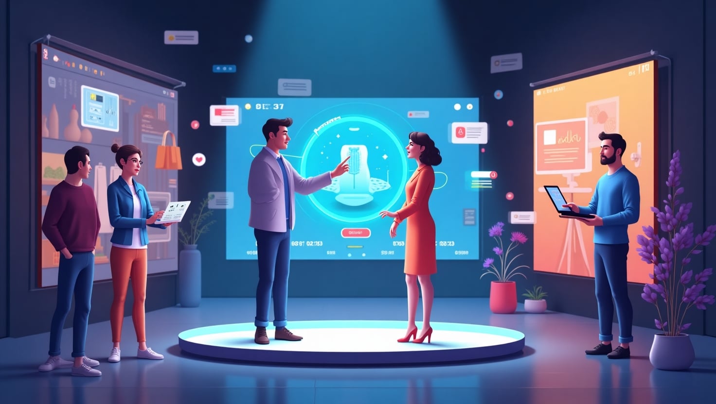 Une illustration moderne et immersive représentant un vendeur virtuel en direct utilisant une interface interactive sur un écran holographique, entouré d'éléments de réalité augmentée tels que des essais virtuels de maquillage et des visualisations 3D de meubles, avec des spectateurs engagés via chat, gamification et recommandations dynamiques, style digital futuriste, ambiance innovante et engaging, palette de couleurs inspirée des teintes #54387D, #3E408D, #3C579D, #47C0B4, #58A17B, #80D07E, #A5DA6F, #E1A65F, #EFCA5E, #EBE263, dans un format carré pour illustrer la révolution du live shopping vidéo en 2025 avec l’intelligence artificielle.