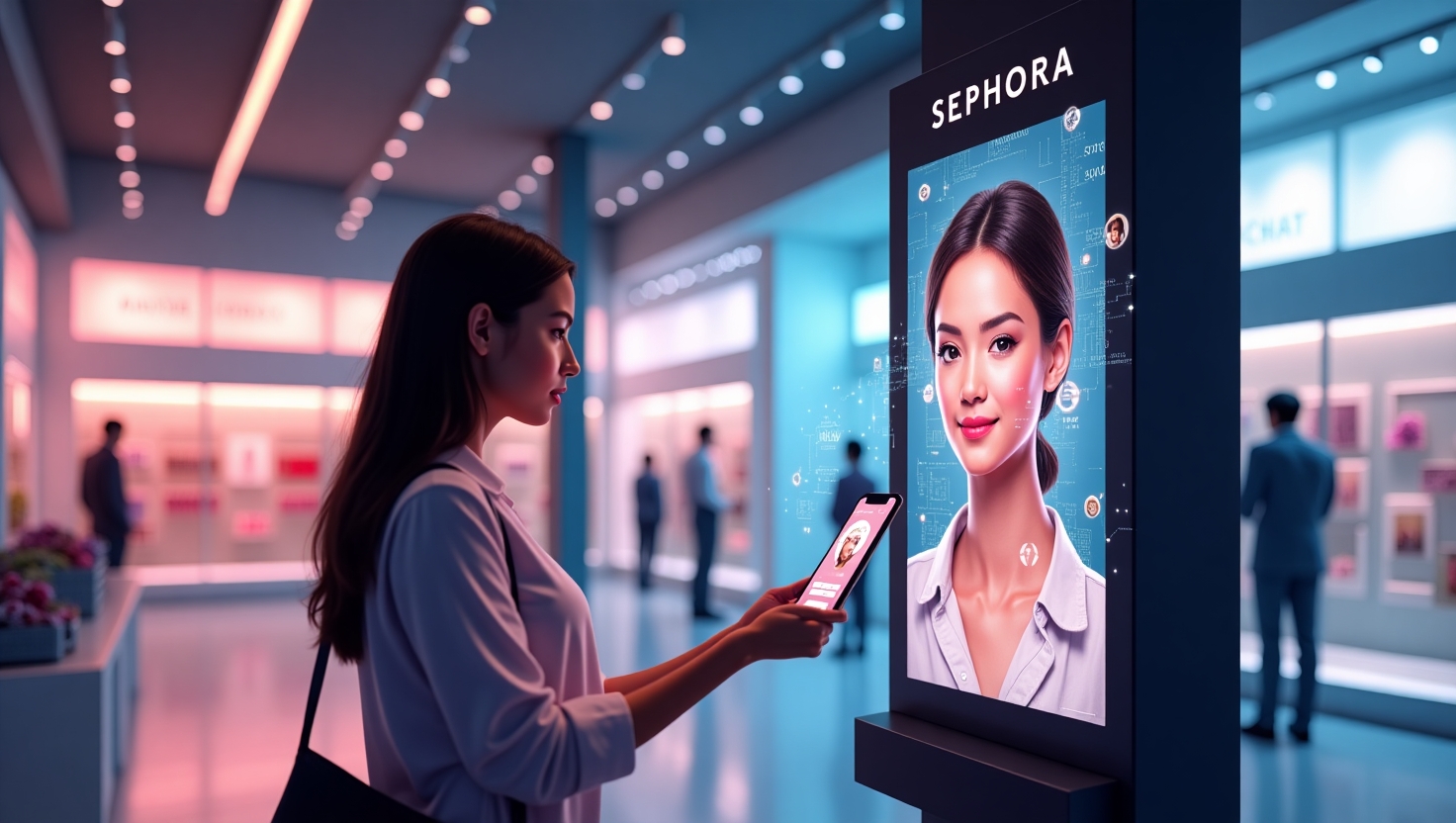 Sephora : Comment l’IA a transformé l’expérience client vidéo et dopé l’engagement Une illustration moderne et immersive représentant une cliente utilisant une application mobile de Sephora avec reconnaissance faciale pour essayer virtuellement des produits de maquillage. La scène montre un écran smartphone en gros plan affichant le visage de la client avec des suggestions de produits apparaissant en overlay, entourée d'éléments visuels évoquant la technologie IA, telles que des circuits électroniques stylisés ou des points connectés. En arrière-plan, une boutique Sephora avec un environnement lumineux, combinant expérience digitale et physique. Style digital innovant, couleurs harmonisées avec la palette ReelsForger (#54387D, #3E408D, #3C579D, #47C0B4, #58A17B, #80D07E, #A5DA6F, #E1A65F, #EFCA5E, #EBE263), avec un rendu clair, dynamique et futuriste, en format paysage pour évoquer la transformation numérique dans le retail.