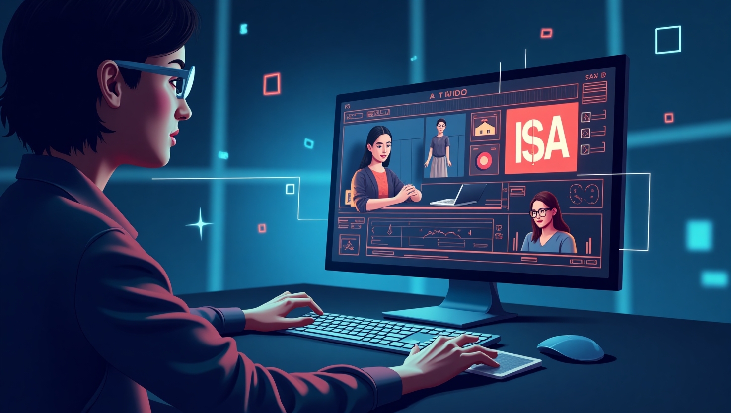 Une illustration moderne et professionnelle représentant un écran d’ordinateur ou une plateforme de création vidéo affichant des séquences synthétiques et authentiques, avec des indicateurs visuels tels que des signaux lumineux et des métadonnées affichées en surimpression, évoquant la détection de vidéos générées par IA. Style graphique semi-réaliste ou flat design, ambiance sérieuse et innovante, avec une palette de couleurs inspirée de ReelsForger (#54387D, #3E408D, #3C579D, #47C0B4, #58A17B, #80D07E, #A5DA6F, #E1A65F, #EFCA5E, #EBE263), destiné à illustrer l’enjeux de confiance et de transparence dans l’écosystème vidéo 2025. Format carré.