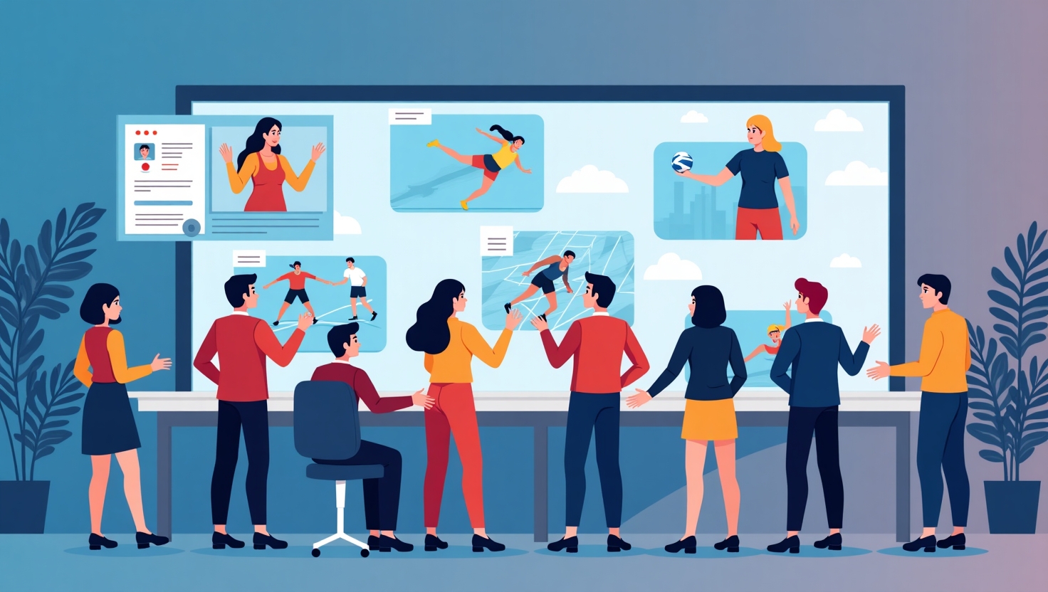 Comment Decathlon booste l’engagement grâce aux vidéos IA personnalisées Une illustration moderne et professionnelle représentant une équipe marketing ou des créateurs de contenu travaillant sur des écrans de montage vidéo avec des interfaces d'intelligence artificielle, entourés d'exemples visuels de vidéos personnalisées illustrant différentes pratiques sportives et saisons. La scène doit évoquer l'innovation, la personnalisation et la technologie, avec une ambiance inspirante et dynamique, utilisant une palette de couleurs inspirée de ReelsForger (#54387D, #3E408D, #3C579D, #47C0B4, #58A17B, #80D07E, #A5DA6F, #E1A65F, #EFCA5E, #EBE263). Style illustration épurée, moderne et claire, adaptée à un contexte professionnel et digital, en format carré.